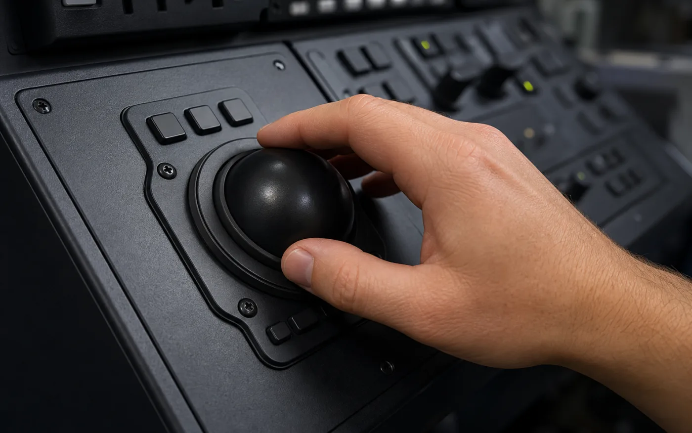 Operator using a rugged control panel with tactile keys and a trackball